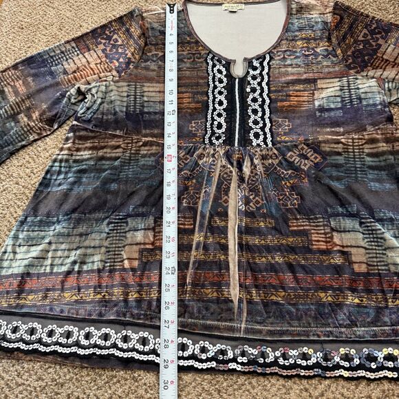 One World Brown Aztec Velour Sequin Kimono Sleeve Top Womens 2X EUC Boho - Picture 7 of 11